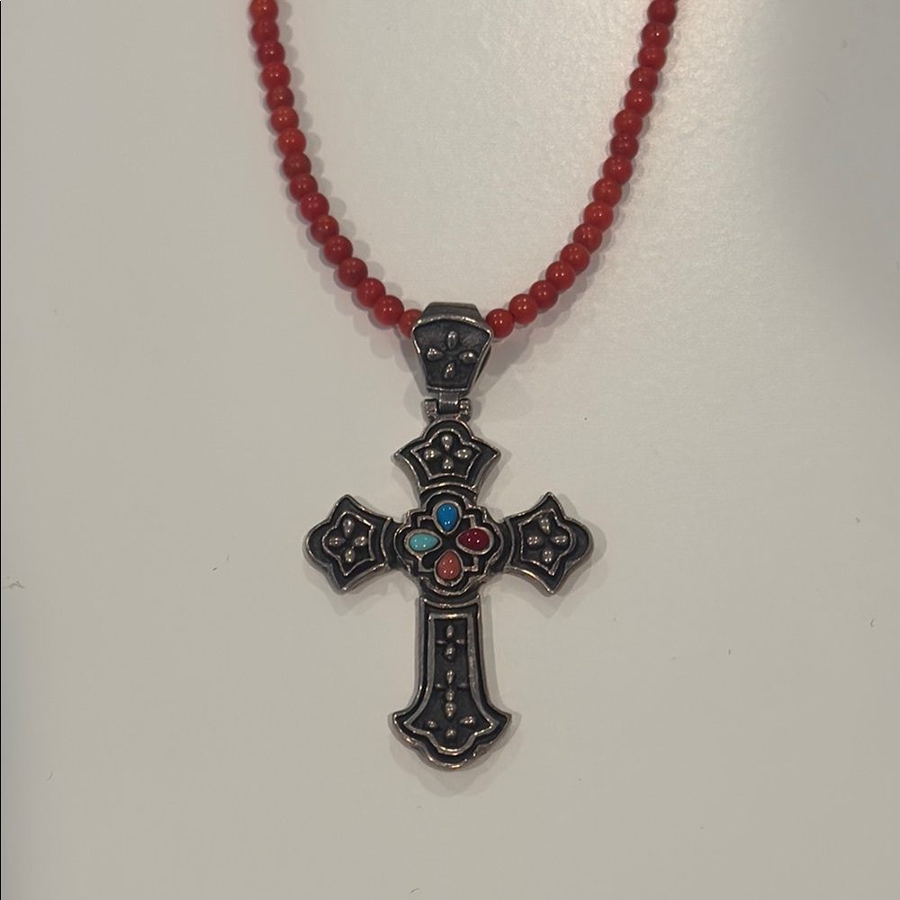 Red Beaded Cross Pendant Necklace